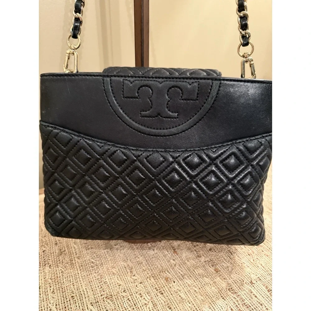 Tory Burch Fleming Quilted Open Crossbody Shoulder Bag Purse Style Black‎